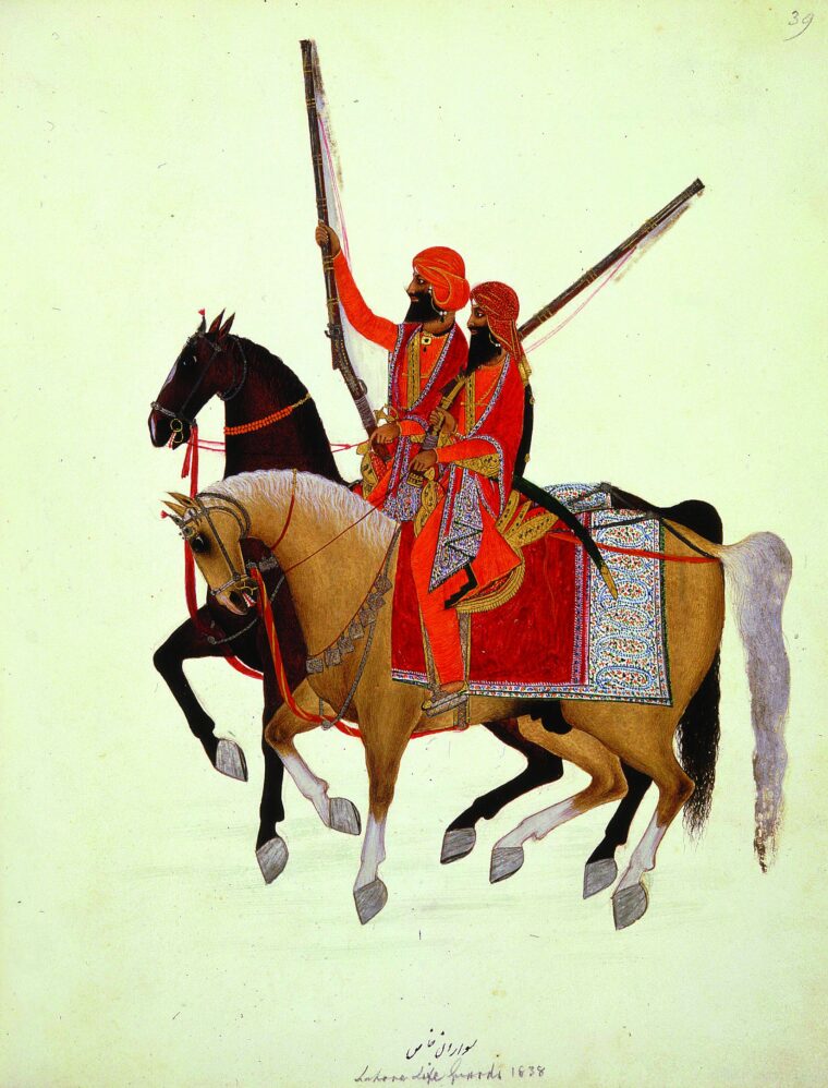 Mounted bodyguards of Ranjit Singh, founder of the Sikh kingdom of Punjab, sport matchlock rifles and curved swords in this 1838 watercolor by an unknown Indian artist.