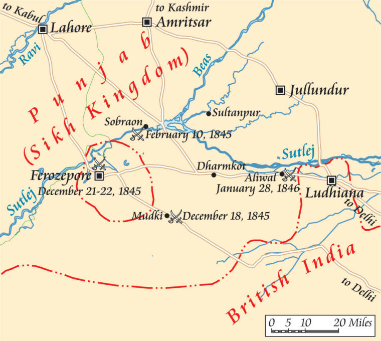 Some 24,000 British troops faced over 30,000 Sikhs at the well-fortified village of Ferozeshah.