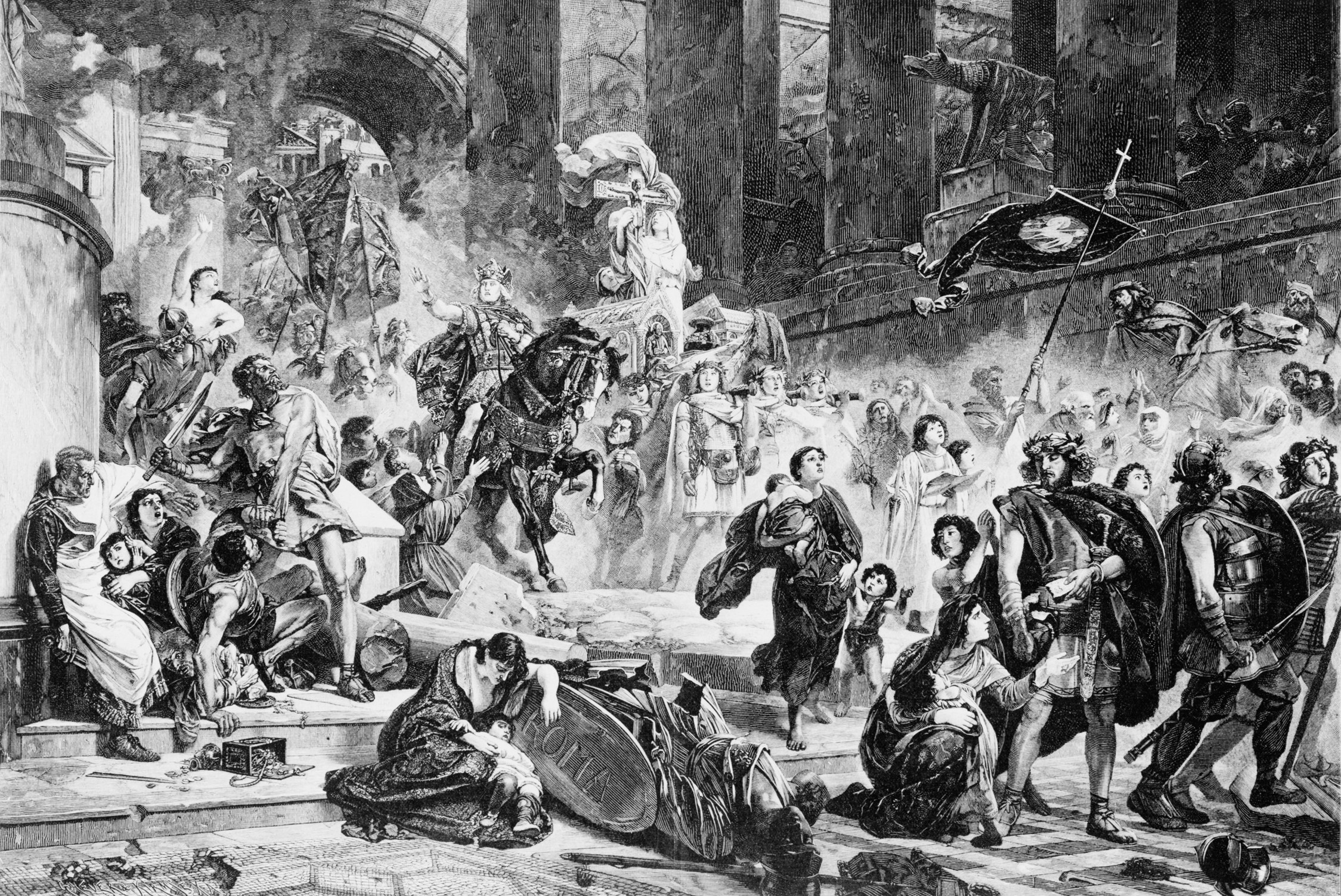 Alaric’s Goth army storms the streets of Rome during a brutal sacking of the city that would last for three days. The worst offenders would be the mercenary Huns.
