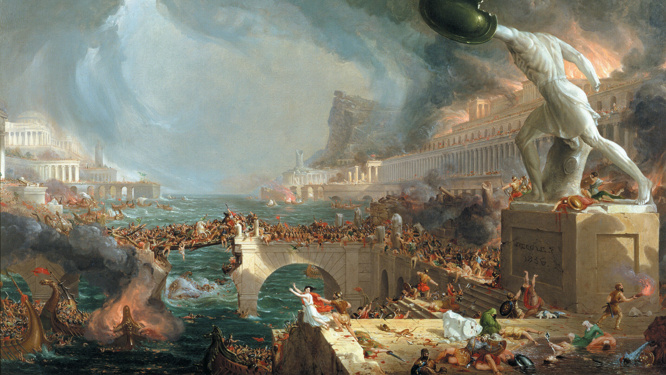 Thick black smoke fills the sky as Rome burns in this allegorical 19th century painting depicting the city’s fall. LEFT: A Roman coin bears the image of Emperor Honorius.