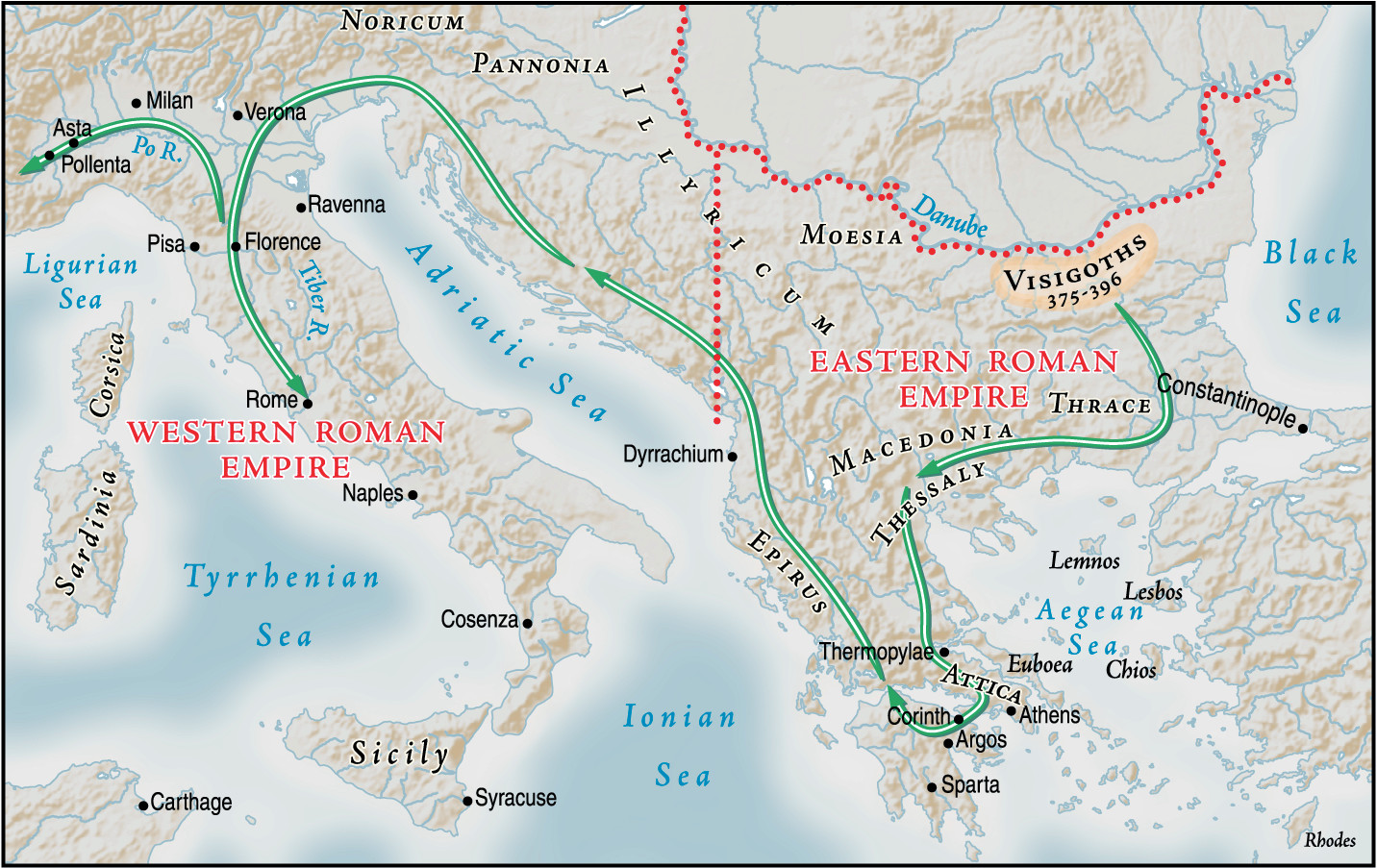 Following the death of Emperor Theodosius, angry Goths swept southward across the Danube River through Macedonia and Thrace, then moved east to Constantinople.
