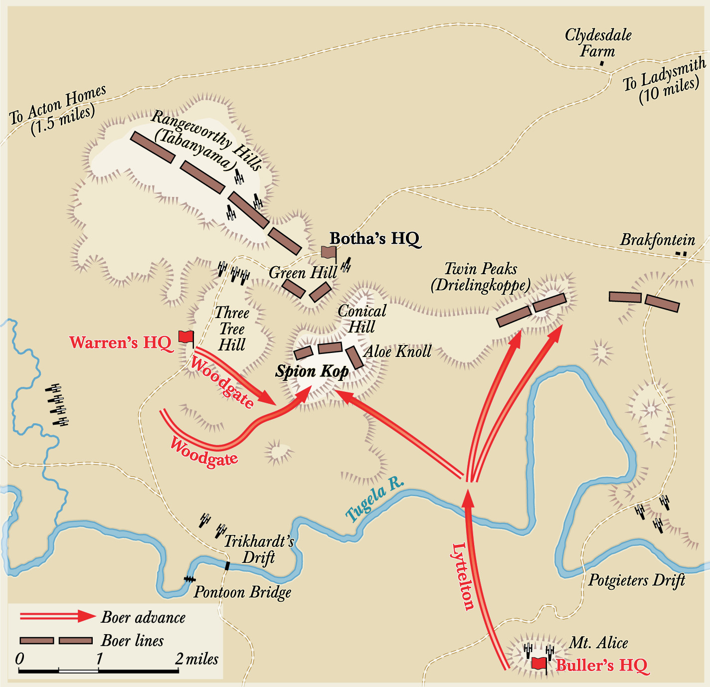 Lt. Gen. Charles Warren wanted to bombard Boer positions on Tabanyama Ridge before launching his main assault. He was overruled by General Sir Redvers Buller who was stationed several miles to the rear.