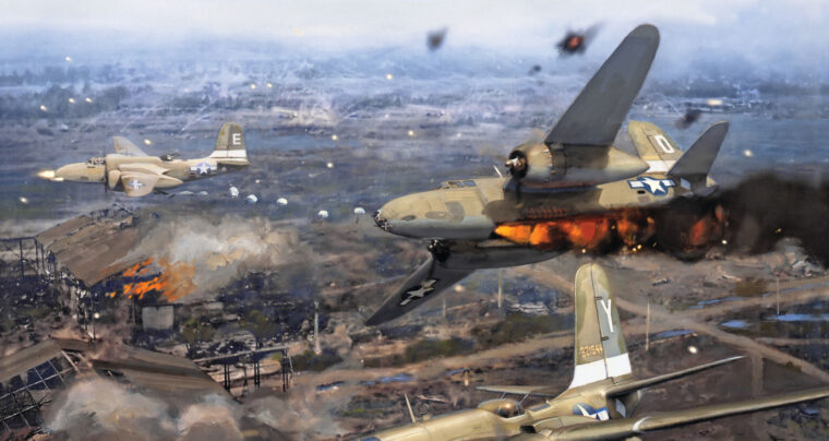 In this vivid painting by artist Jack Fellows, Douglas A-20 Havoc bombers of the 312th Bombardment Group, U.S. Army Air Forces, attack Clark Field in the Philippines on January 14, 1945. The planes use parafrag bombs against Japanese kamikaze aircraft on the ground at the air base near Manila. This was a follow-up raid to one that had taken place a week earlier, and both were intended to destroy suicide aircraft before they had the chance to damage American ships.