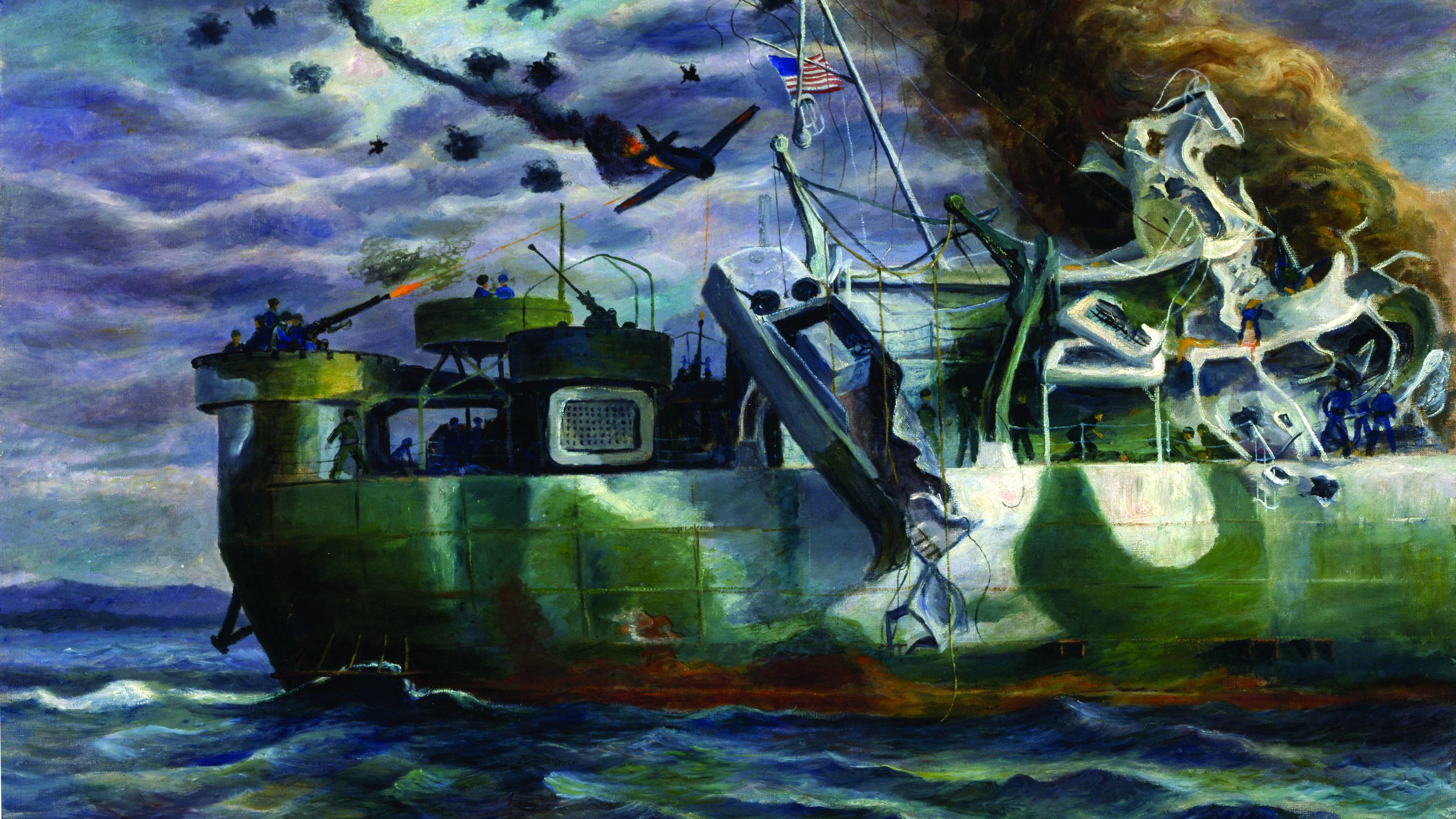 In his painting Suicide in Pairs, artist James Turnbull depicts a flaming Japanese kamikaze diving toward a stricken U.S. Navy transport vessel. Off Okinawa, the U.S. Navy endured the full fury of the desperate kamikaze attacks. (Naval Historical Foundation)