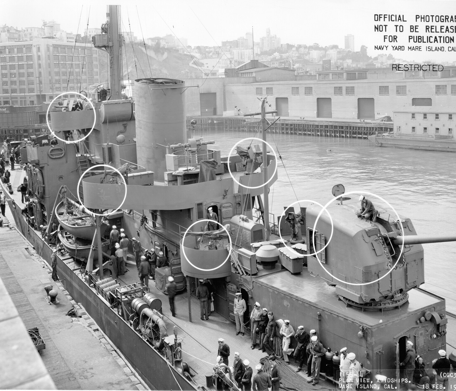 Departing the Mare Island Navy Yard, the Taney sports new armament upgrades, including new enclosed 5-inch turrets and several 20mm antiaircraft guns.