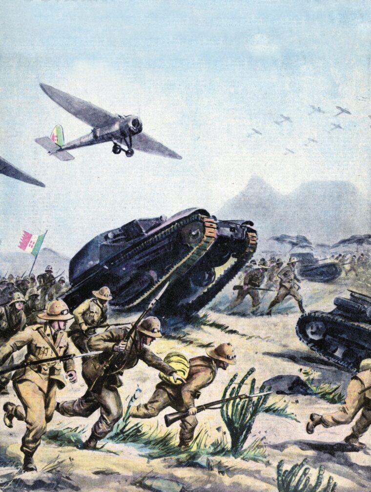 Italian troops, tanks, and aircraft invade and capture Adua, putting the ill-equipped Ethiopian army to flight. This painting appeared in the publication Illustrazione del Popolo on October 13, 1935. (Mary Evans Picture Library)