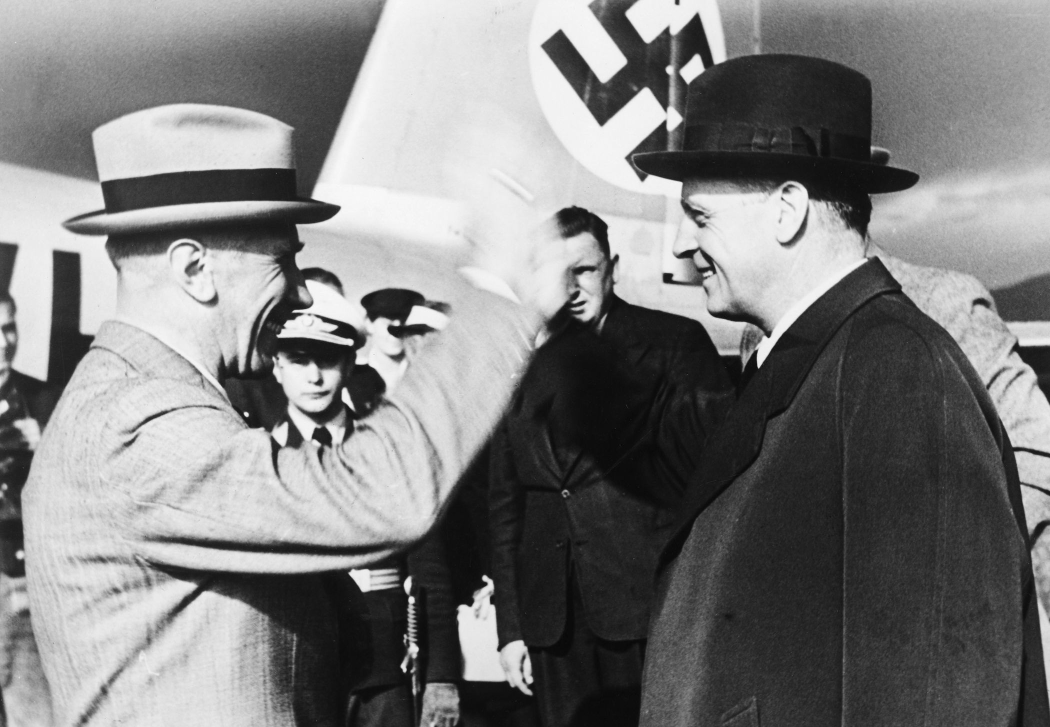 Prior to the signing of the Nazi-Soviet nonagression pact on August 23, 1939, German Foreign Minister Joachim von Ribbentrop departs the company of Ambassador Franz von Papen. (akg-images)