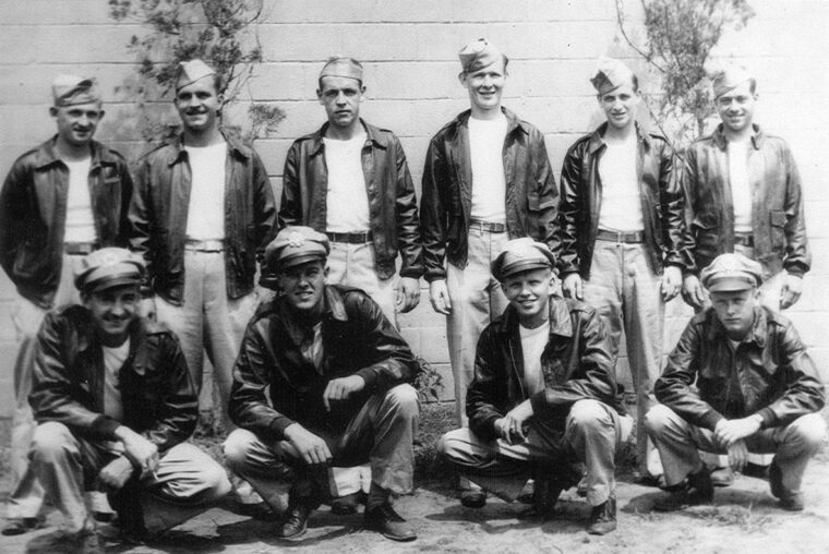 German Death March survivor Steve Stupak stands at the far left in this photograph of the crew of the B-17 Bomber A Little Behind. 