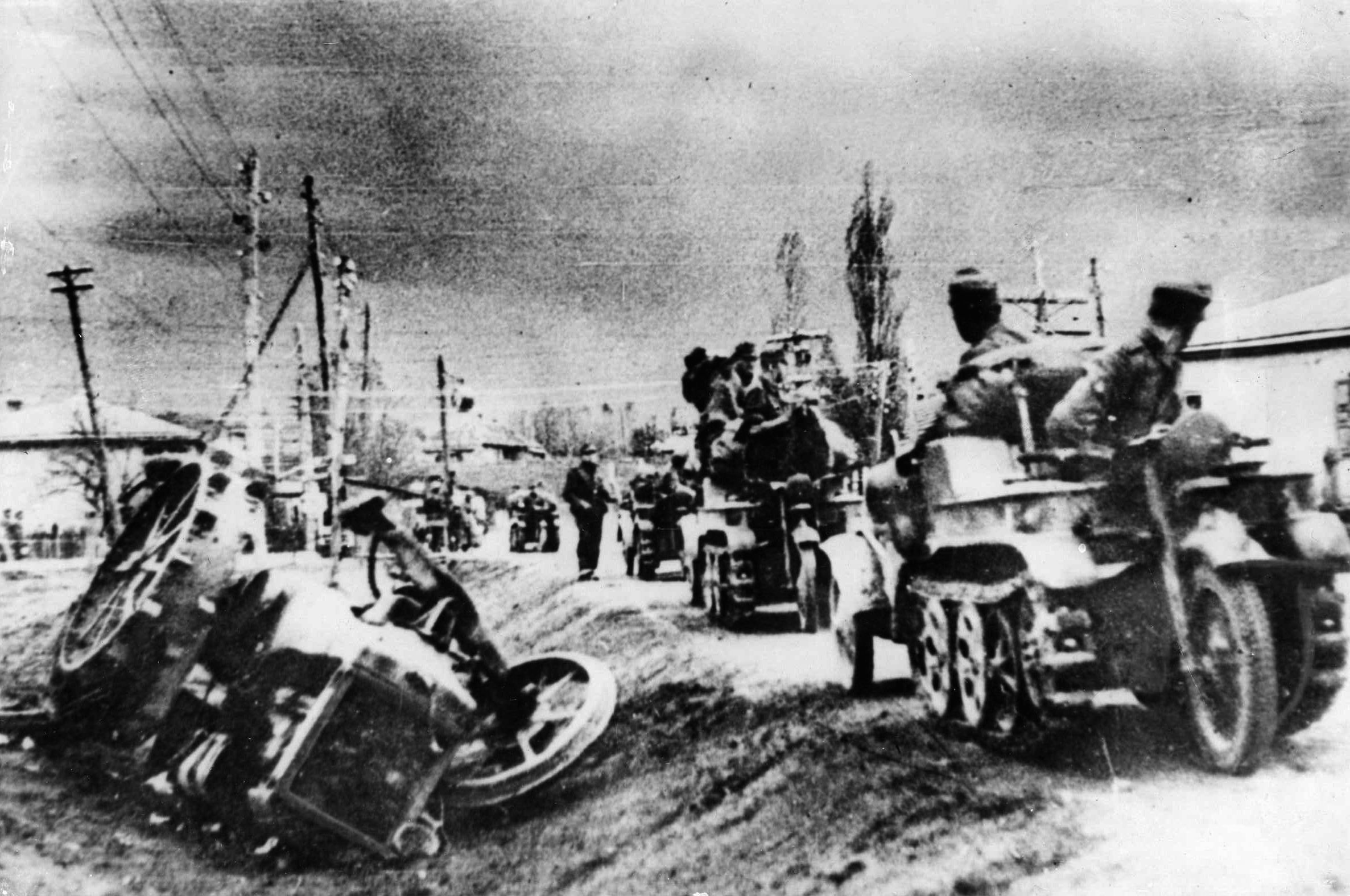 Mounted on kettenkrad caterpillar-powered motorcycles, German soldiers fall back along a dirt road in the Caucasus. After giving up the Taman Peninsula, the Germans attempted to minimize their losses during the retreat. (All photos: National Archives)