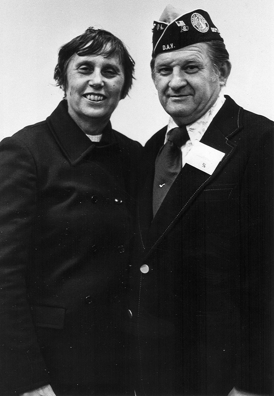 Congresswoman Ella Grasso (D-Conn.) poses with German Death March survivor Steve Stupak during the veteran’s term as president of the Waterbury, Connecticut, chapter of the Disabled American Veterans.