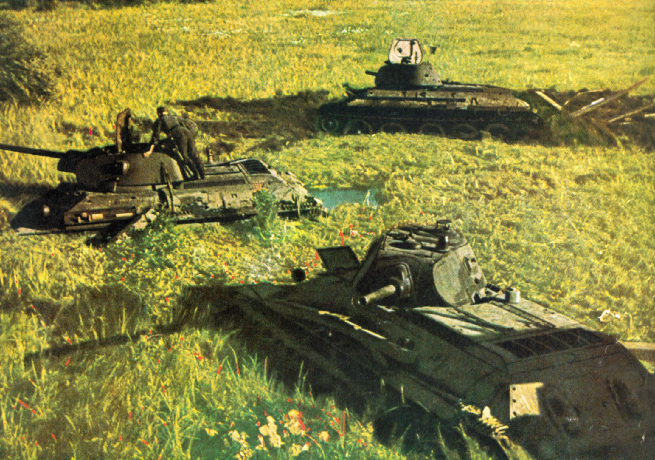 Soviet tanks founder in a marshy quagmire near Tolotshin on the Drut River. The armored force was attempting to break through enemy lines and envelop a large German force.