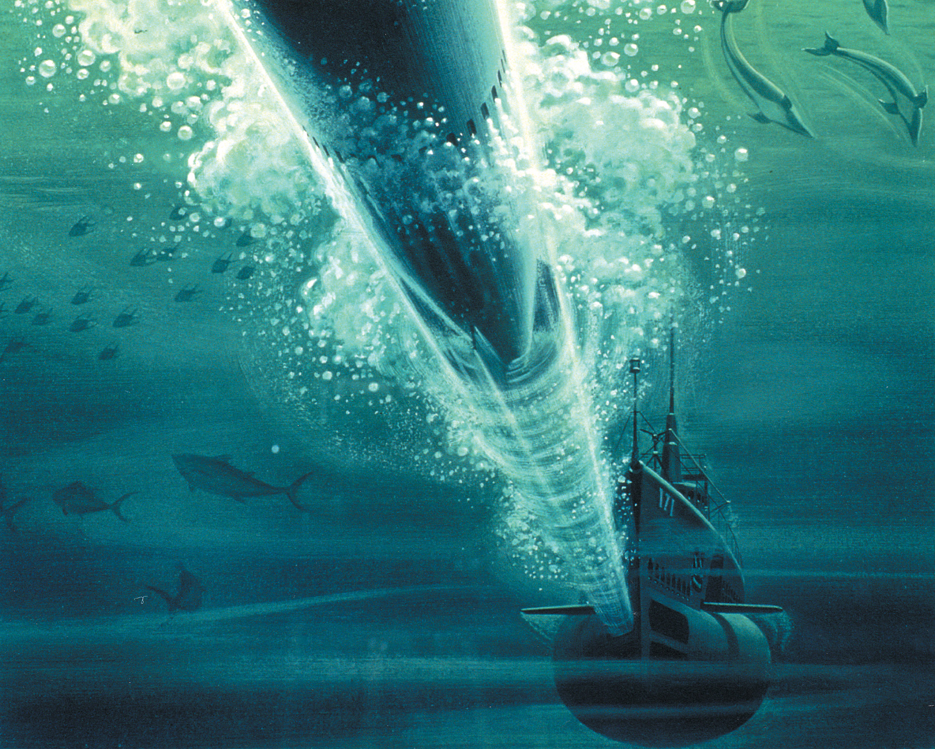 In an artist’s rendering, a deadly “tin fish” hisses towards a distant target.