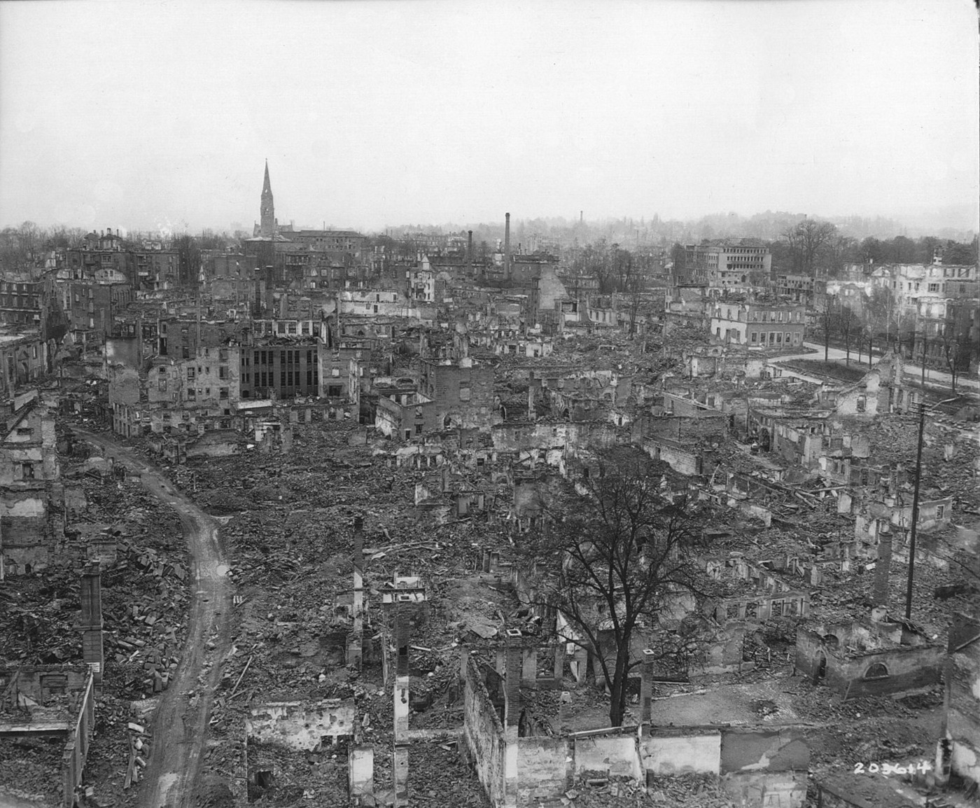 In this overhead snapshot, the massive devastation from Allied air assaults on Heilbronn is readily apparent.