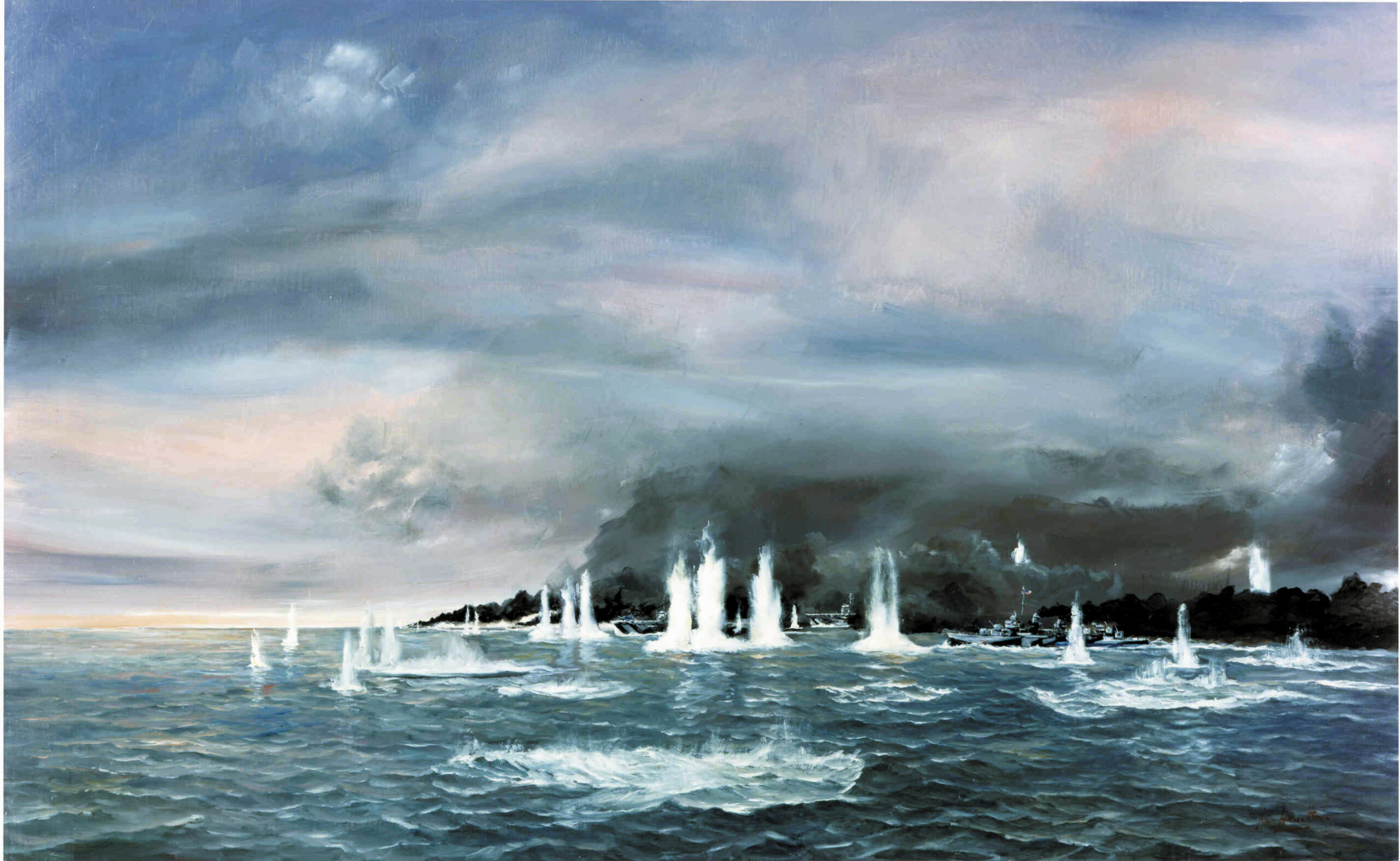 In his painting titled Battle off Samar, artist John Hamilton depicts American warships running a gauntlet of Japanese shellfire during the heroic effort to defend the beaches on the Philippine island of Leyte.