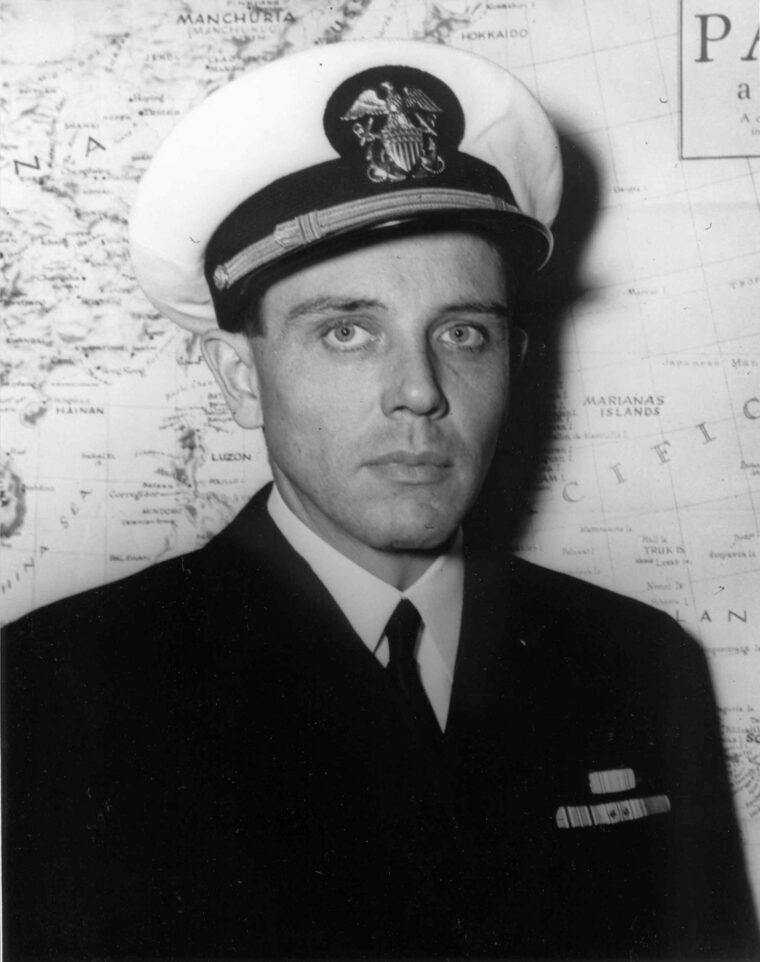 Lt. Commander Robert W. Copeland commanded the USS Samuel B. Roberts at Leyte Gulf. In December 1944, Copeland was awarded the Navy Cross for his heroism during the Battle off Samar.