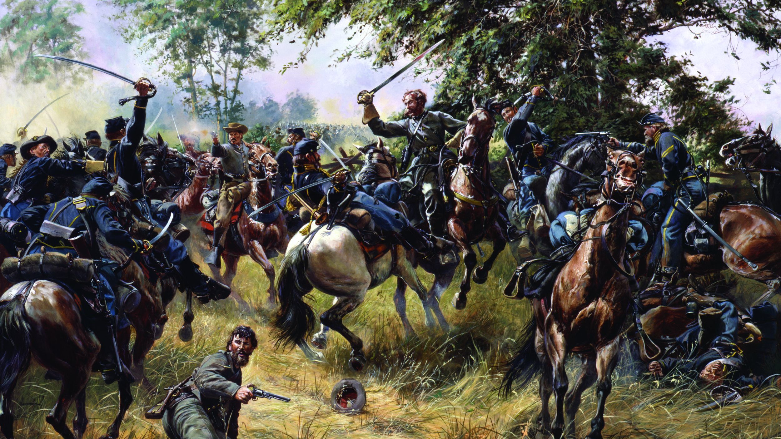 Confederate Brigadier General Wade Hampton, momentarily alone, desperately fends off enemy saber blows in a swirling melee in the farmland south of the York Turnpike at Gettysburg in Don Troiani’s painting, Hampton’s Duel.
