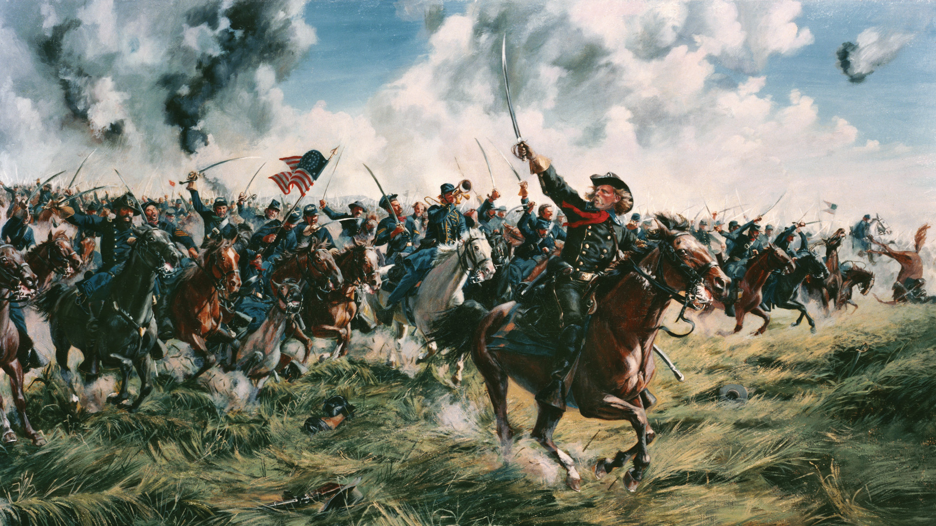 George Armstrong Custer, sporting his trademark red necktie, exhorts, “Come on, you Wolverines!” in Don Troiani’s painting of the same name.  He and his Michigan brigade made their reputation at Gettysburg.