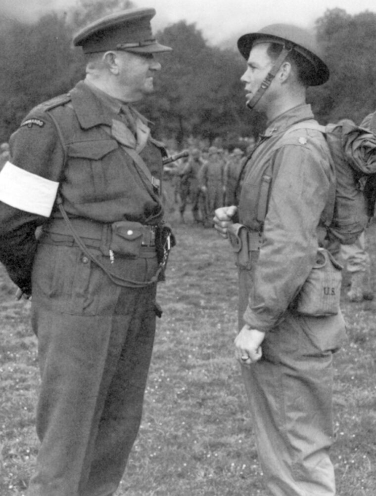 Major William Darby of the Rangers (right) talks with Lt. Col. Charles Vaughan, head of British Commando training, in July 1942.