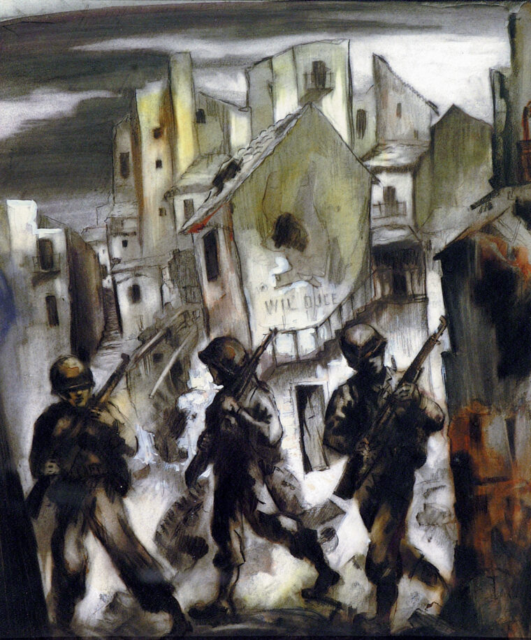In a gloomy painting of war on the Italian front, American soldiers trudge through a bombed-out village. The U.S. Army Rangers, led by Lt. Col. William O. Darby, fought gallantly in Italy, but were decimated in an ambush near Cisterna.