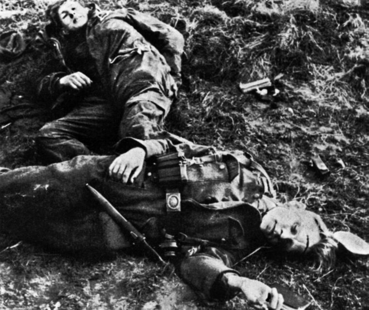 Young German soldiers, casualties of the heavy fighting in the Hürtgen Forest, lie unburied. Teenagers and old men previously considered unfit for duty often filled the ranks of Volksgrenadier units. These were usually led by a handful of combat veterans.