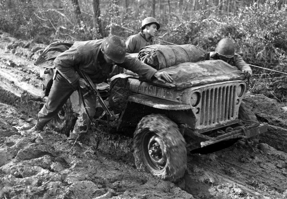Jeeps, workhorses of the Allied armies around the world, were used to evacuate the wounded in the Hürtgen Forest.