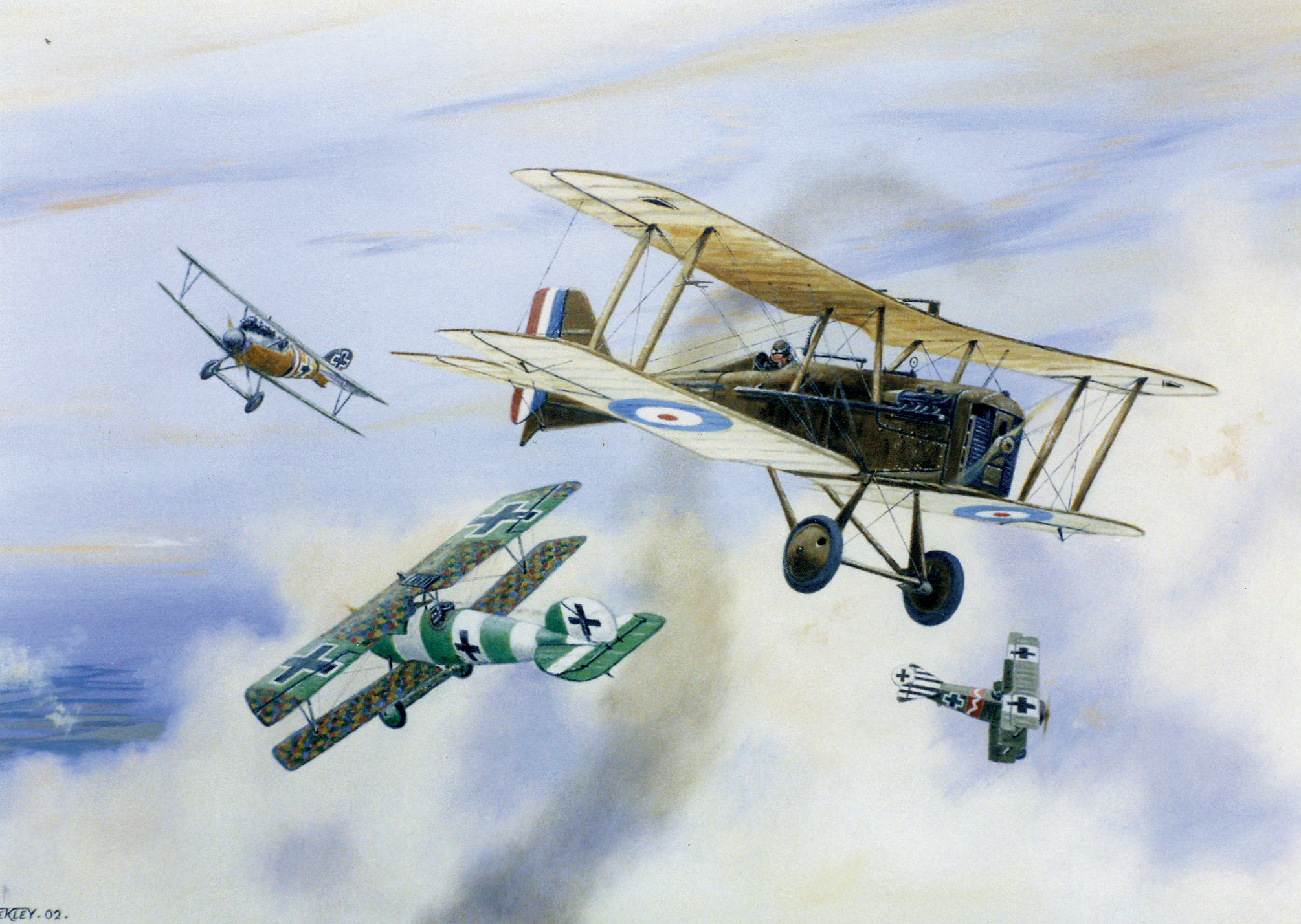 Mike Mannock mixes it up with three German aircraft in this depiction of one of his fights. Mannock’s true record is difficult to determine; he set up and wounded enemy aircraft for younger pilots to finish off.