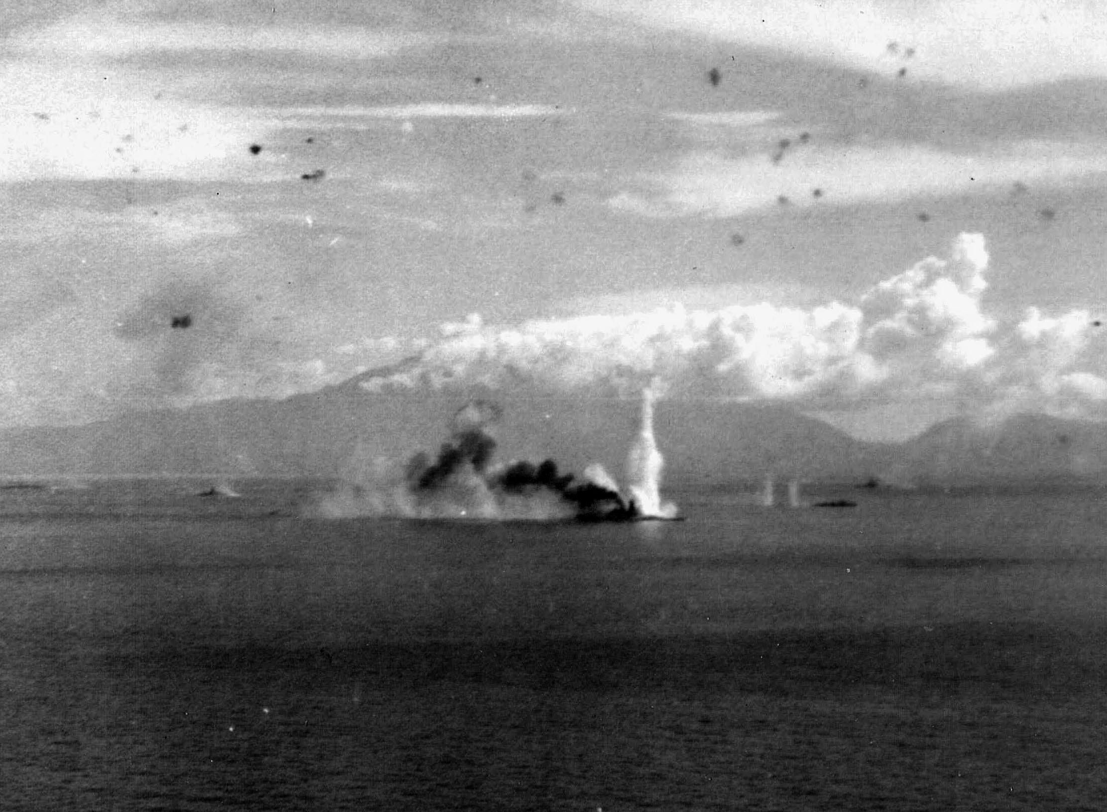By the autumn of 1944, the Imperial Japanese Navy had been forced into a desperate gamble in Philippine waters. The Battle of Leyte Gulf is considered by many to be the largest naval battle in history. During the Leyte Gulf fight, the super battleship Musashi is relentlessly assaulted by U.S. planes in the Sibuyan Sea.
