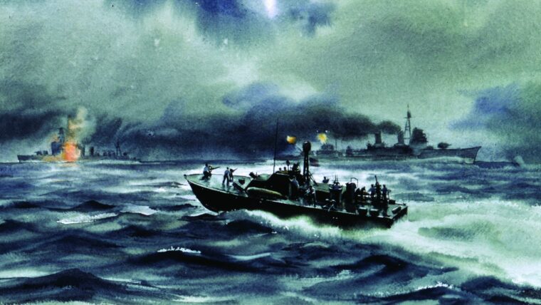 During the action at Surigao Strait, U.S. Navy PT boats engage Japanese warships intent on reaching the invasion beaches on the Philippine island of Leyte. This painting is by American combat artist Dwight Shepler. (Naval Historical Art)