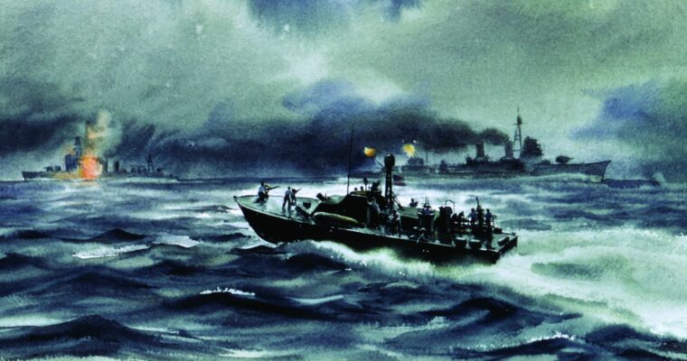 During the action at Surigao Strait, U.S. Navy PT boats engage Japanese warships intent on reaching the invasion beaches on the Philippine island of Leyte. This painting is by American combat artist Dwight Shepler. (Naval Historical Art)