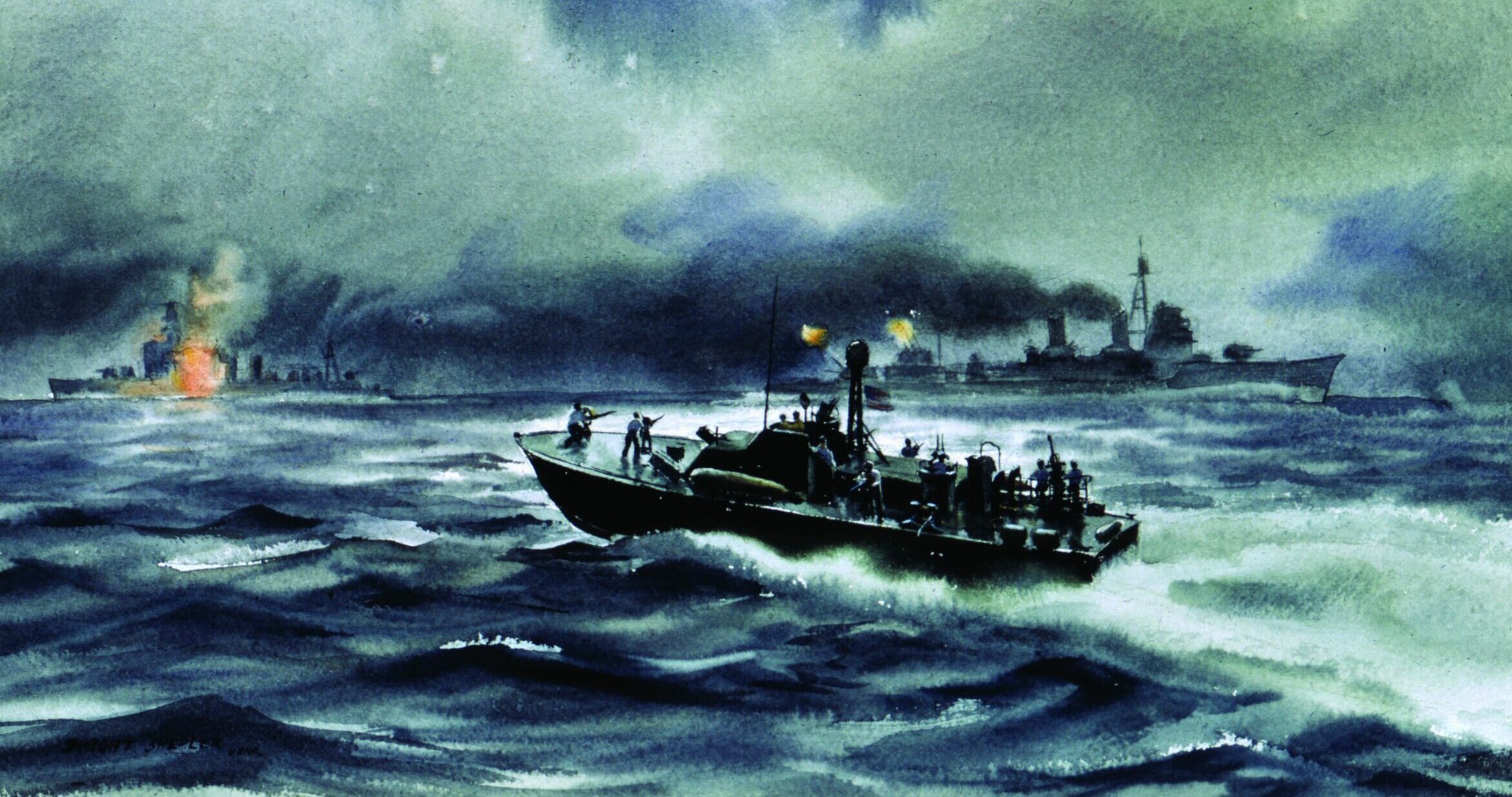 During the action at Surigao Strait, U.S. Navy PT boats engage Japanese warships intent on reaching the invasion beaches on the Philippine island of Leyte. This painting is by American combat artist Dwight Shepler. (Naval Historical Art)