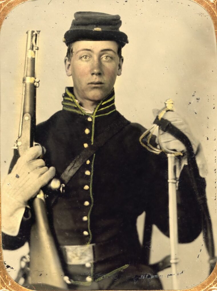 A period colorized photograph of an unidentified Union cavalryman.
