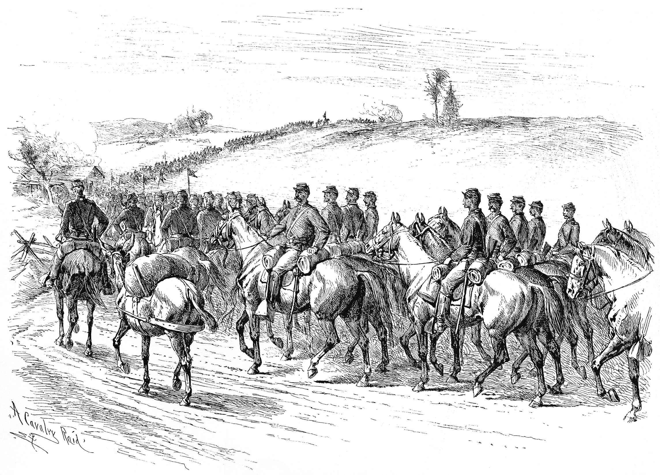 An orderly, disciplined Union cavalry division rides smartly through enemy territory in this drawing by Edwin Forbes. Sheridan’s raid on Richmond included over 10,000 troopers, plus 32 pieces of artillery.