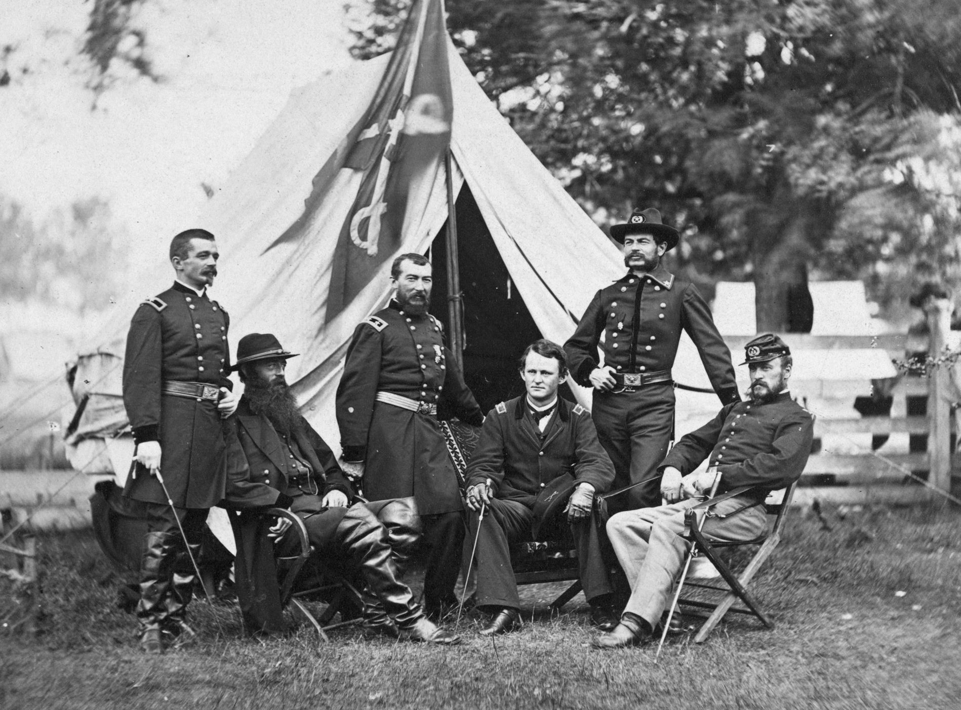 Major General Phil Sheridan, third from left, with his subordinate commanders: Henry E. Davies, David M. Gregg, Wesley Merritt, Alfred Torbert, and James H. Wilson.