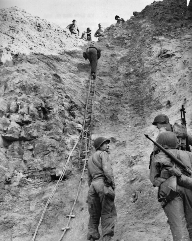 Taken after the fighting at Pointe du Hoc was over, this photo is indicative of the arduous task that faced the U.S. Army Rangers who assailed the German position atop the craggy promontory on D-Day. 