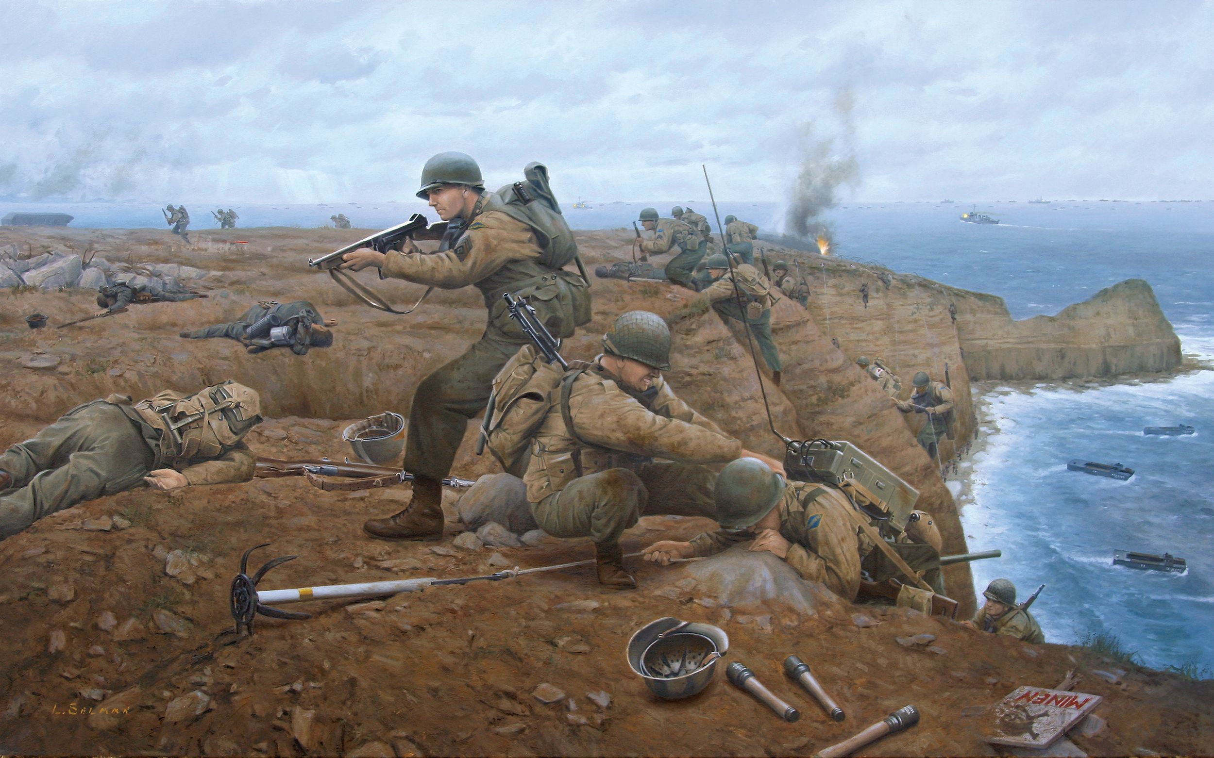 In his stark painting titled The Point, artist Larry Selman captures the drama as Rangers of the 2nd Battalion reach the summit of Pointe du Hoc on D-Day.