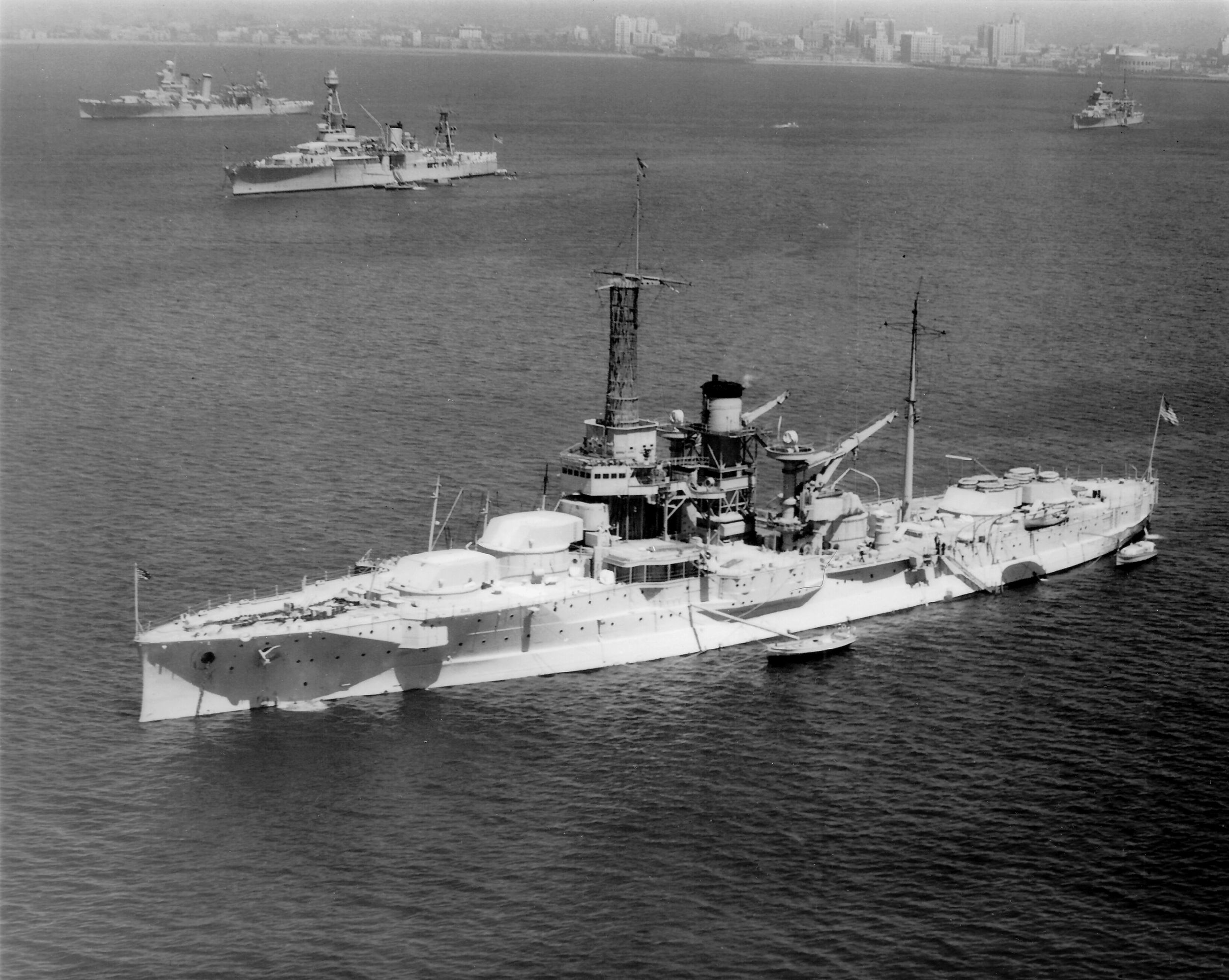 While serving as a target ship off Long Beach, California, on April 18, 1935, the USS Utah lies at anchor. The aging warship's armaments had been previously removed to comply with the terms of the London Naval Treaty.
