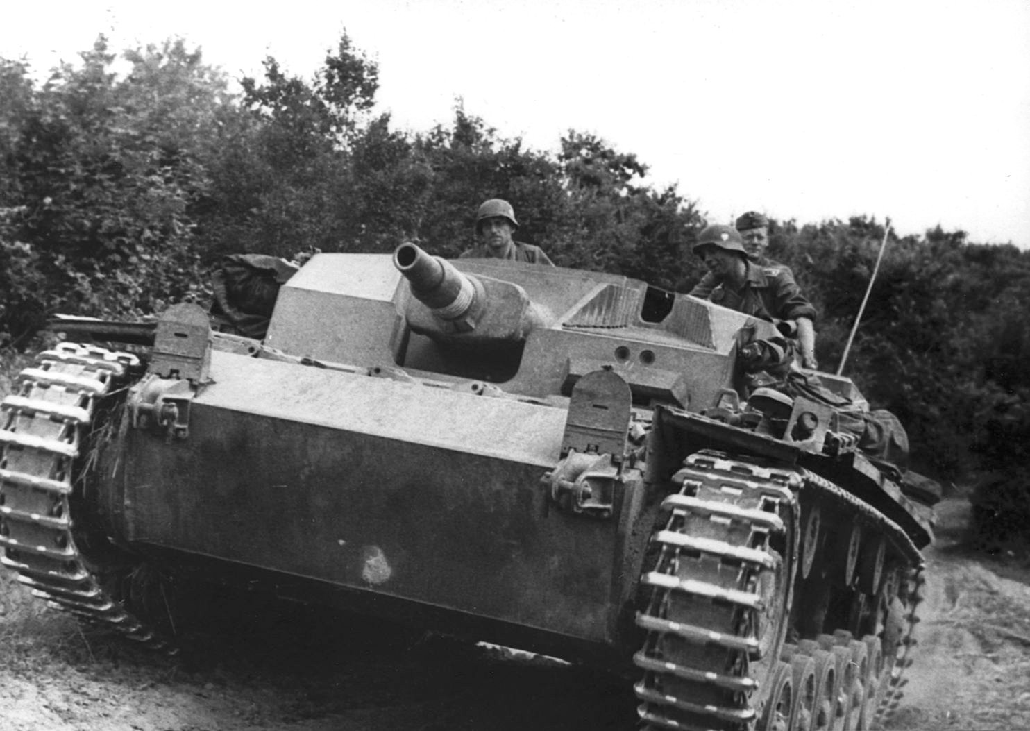 A German assault vehicle rumbles forward during a summer offensive in the Soviet Union.