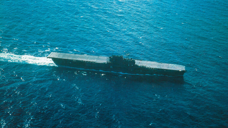 The aircraft carrier USS Enterprise steams across the Pacific in mid-1941.