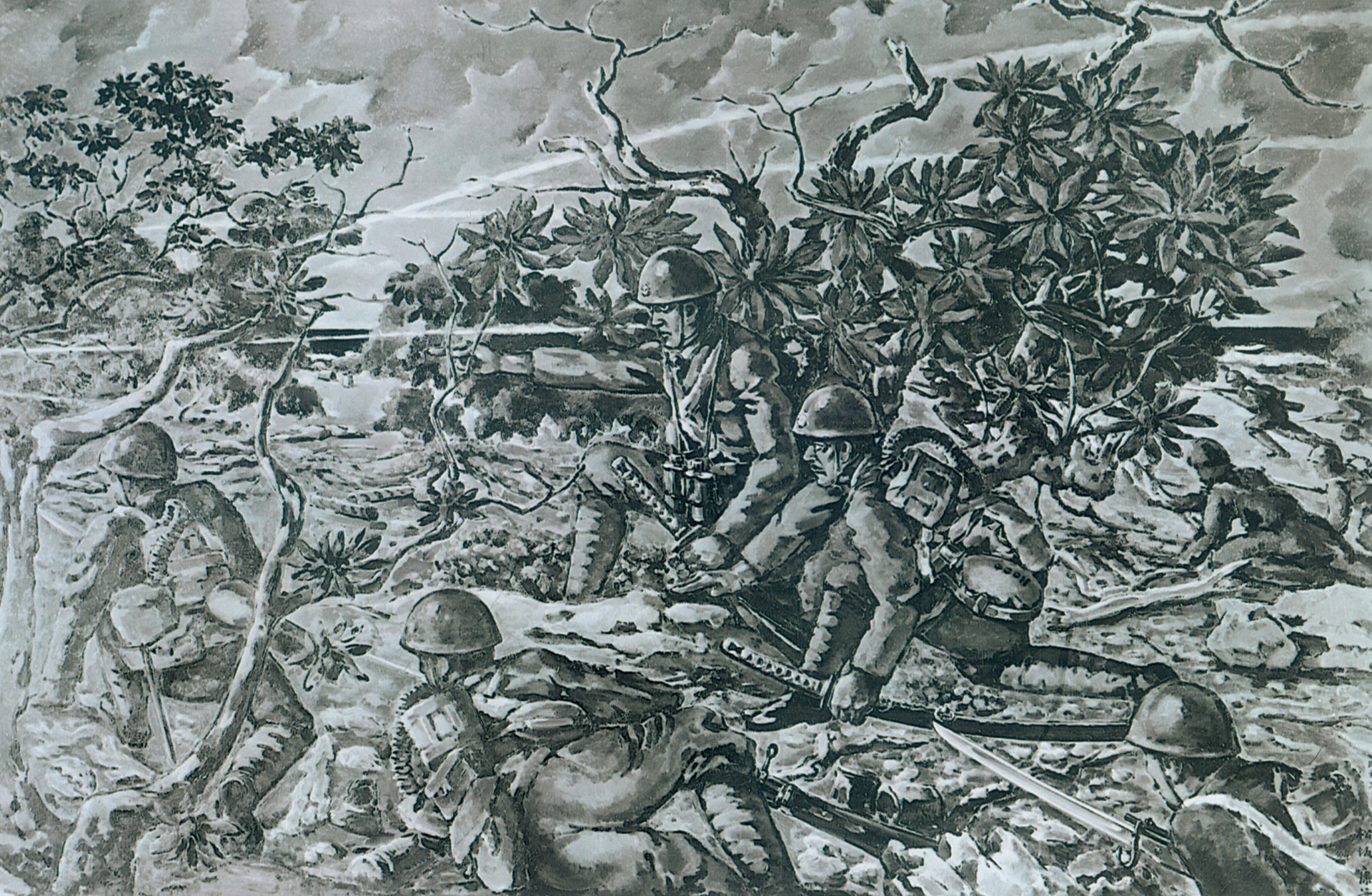 A Japanese artist created this image of his comrades moving warily forward on Wake Island.