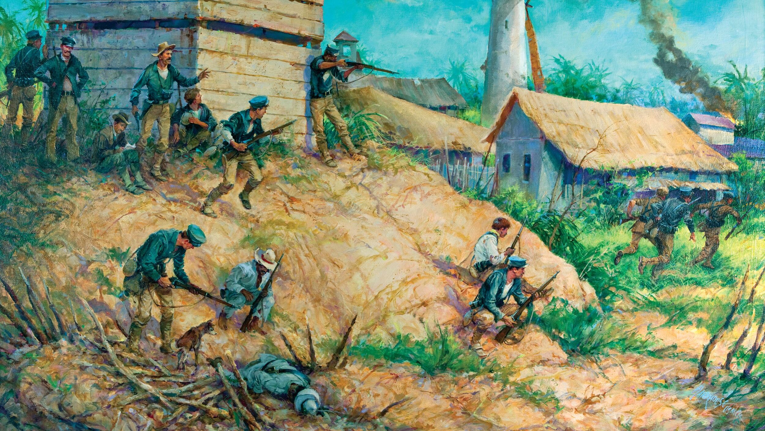 This painting by Marine Corps artist Col. Charles H. Waterhouse depicts Marines and Cuban insurgent allies fighting Spanish troops during the Battle of Cuzco Well on June 14, 1898.
