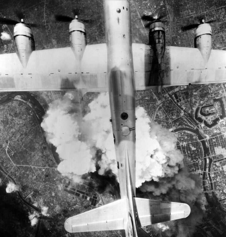 B-29s of Major General Curtis LeMay’s 21st Bomber Command drop their deadly cargo on Osaka, the second largest city in Japan. This raid took place on June 1, 1945.