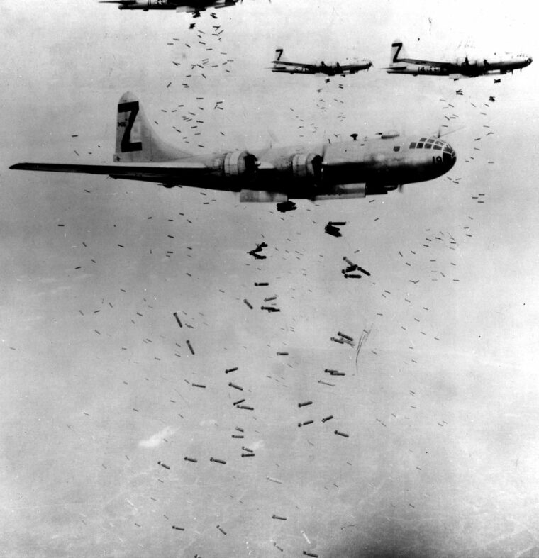 On May 29, 1945, B-29 Superfortresses of the 500th Bomb Group, 73rd Bomb Wing drop incendiaries on Japanese installations in Yokohama.