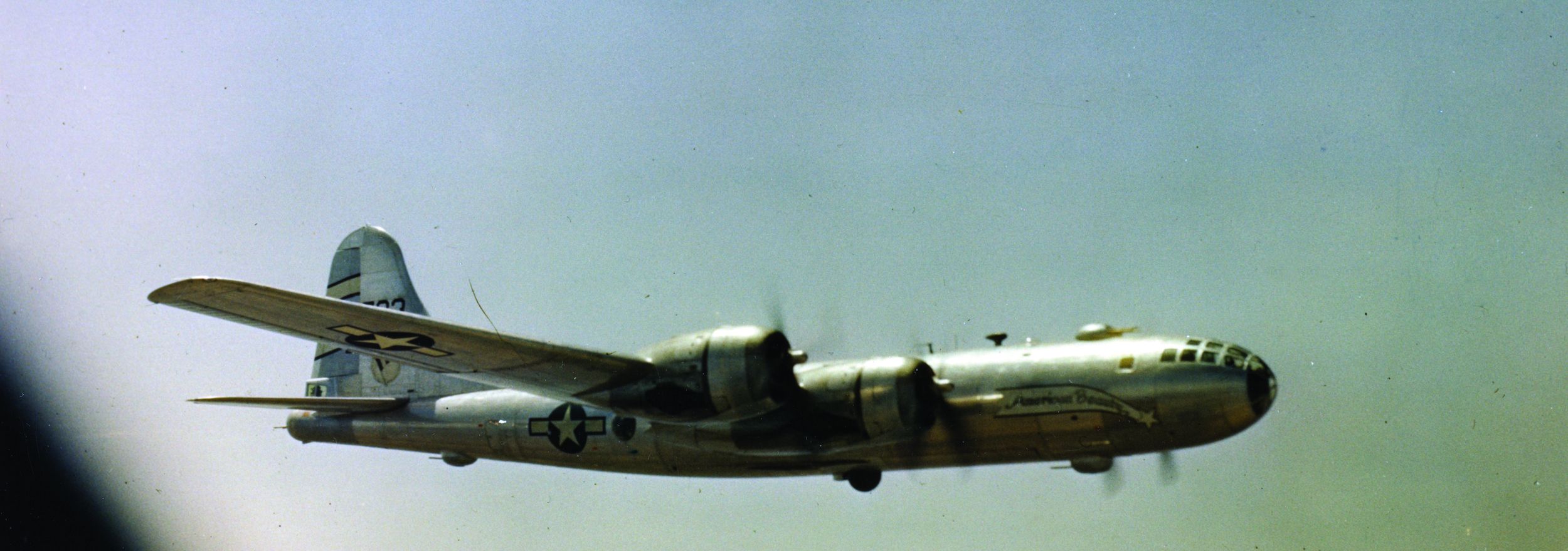 In June 1945, the Boeing B-29 Superfortress bomber named “American Beauty” is pictured winging its way toward a target in Japan. Fighters and antiaircraft guns made missions to the Home Islands extremely hazardous for American crews.