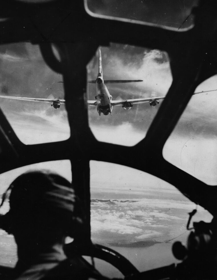 In retaliation for attacks on B-29 bases in China, these giant bombers head toward Japanese installations on the island of Formosa. During Operation Matterhorn, the Allies attempted to bring the war home to Japan. 
