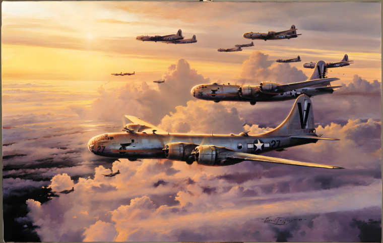 Robert Taylor’s painting Valor in the Pacific shows Boeing B-29 Superfortress bombers of the 499th Bomb Group, 20th Air Force, headed home to bases in the Marianas after dropping their cargoes of death and destruction on Tokyo. Low on fuel, their escort of P-51 Mustang fighters begins to turn away toward bases of their own.