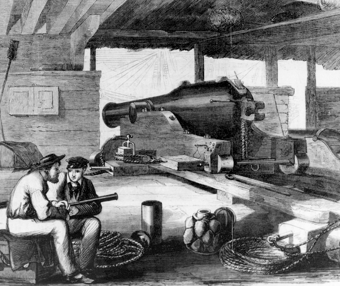 Sailors take a break from their toil, a large Dahlgren gun in the background. The setting is not aboard a ship but at the U. S. Navy Yard in Washington, D. C. 