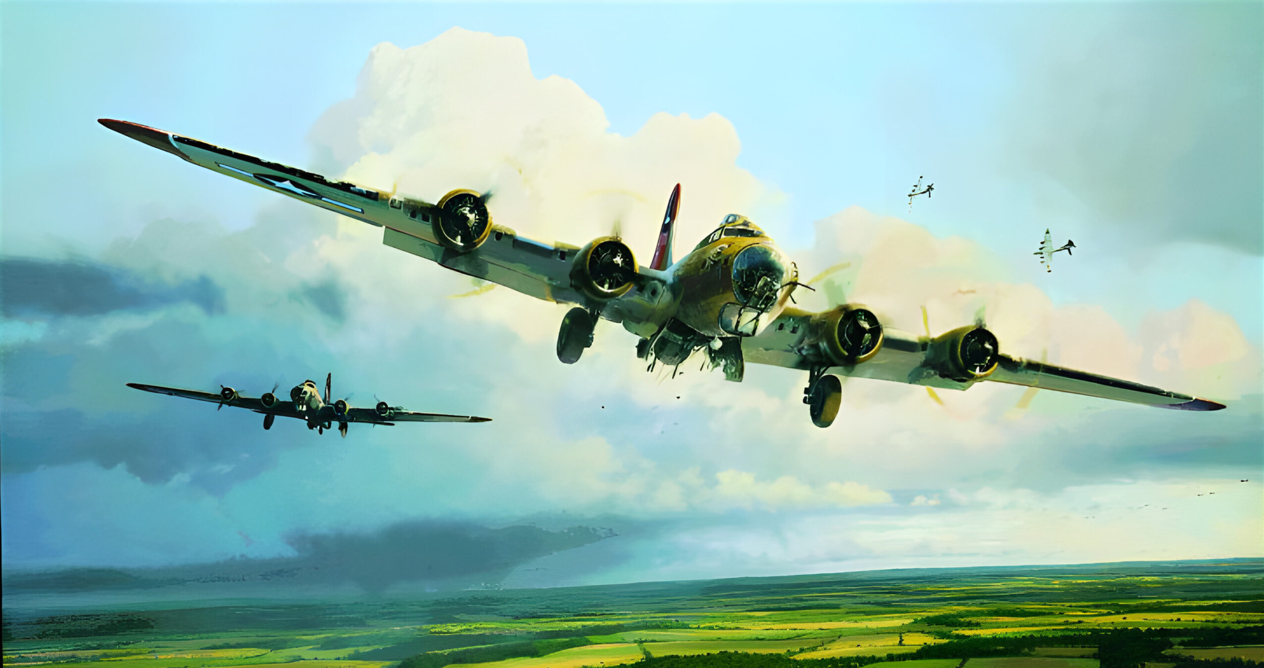 Robert Taylor’s painting Thunderbirds Over Ridgewell depicts B-17 Flying Fortress heavy bombers in flight.