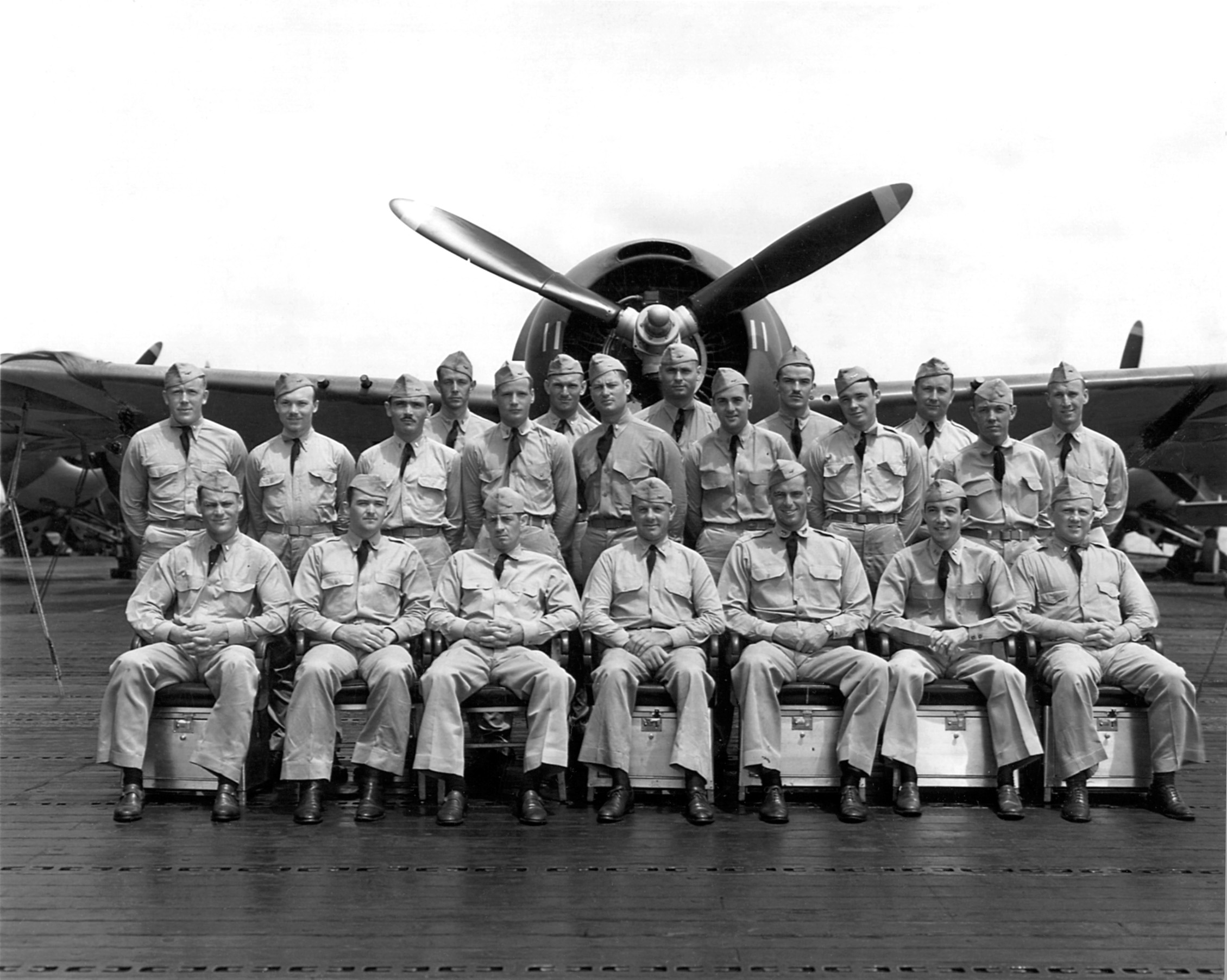 Pilots and crewmen from Scout Squadron Six pose for a group photo. Several of these airmen fell vicitm to friendly or enemy fire during the attack on Pearl Harbor.