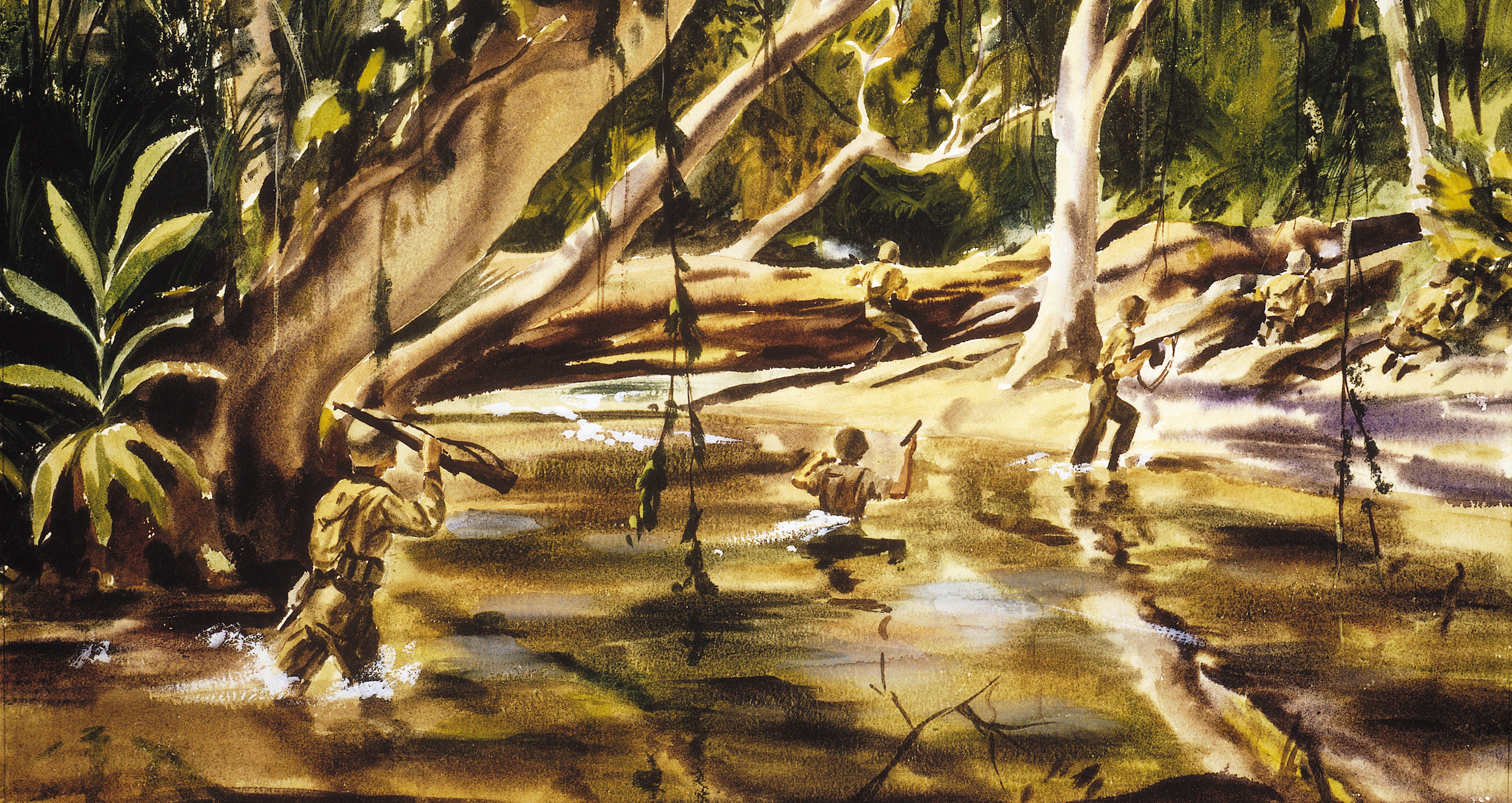American soldiers ford one of Guadalcanal’s numerous streams in Action on the River by Dwight Shepler. In the Solomons, U.S. troops battled both a determined enemy in the Japanese and the harsh tropical climate of the South Pacific. Guadalcanal was the first offensive land operation undertaken by American forces in the Pacific Theater. The island was secured after seven months of fighting.