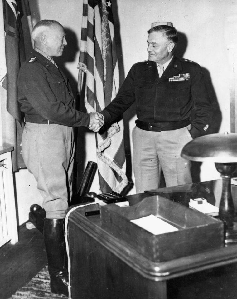 General George S. Patton, Jr., greets General Lucian K. Truscott, one of his most trusted divisional commanders.